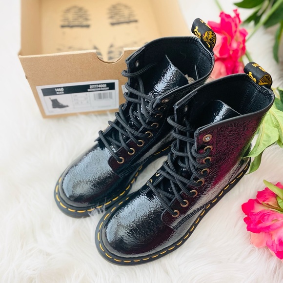 Dr. Martens 1460 Distressed Patent Black Lace Up Boots - Picture 5 of 12